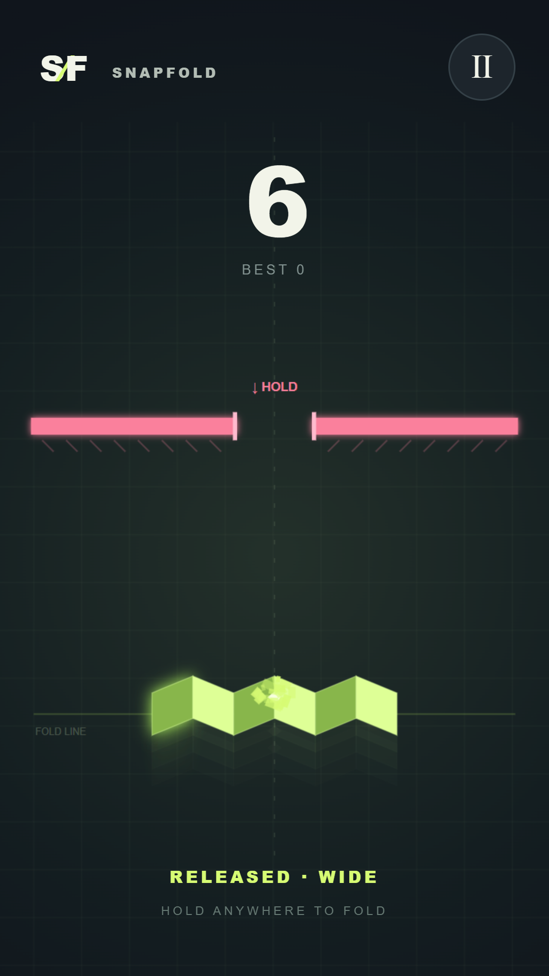 SNAPFOLD gameplay preview with a folded lime ribbon and approaching gates